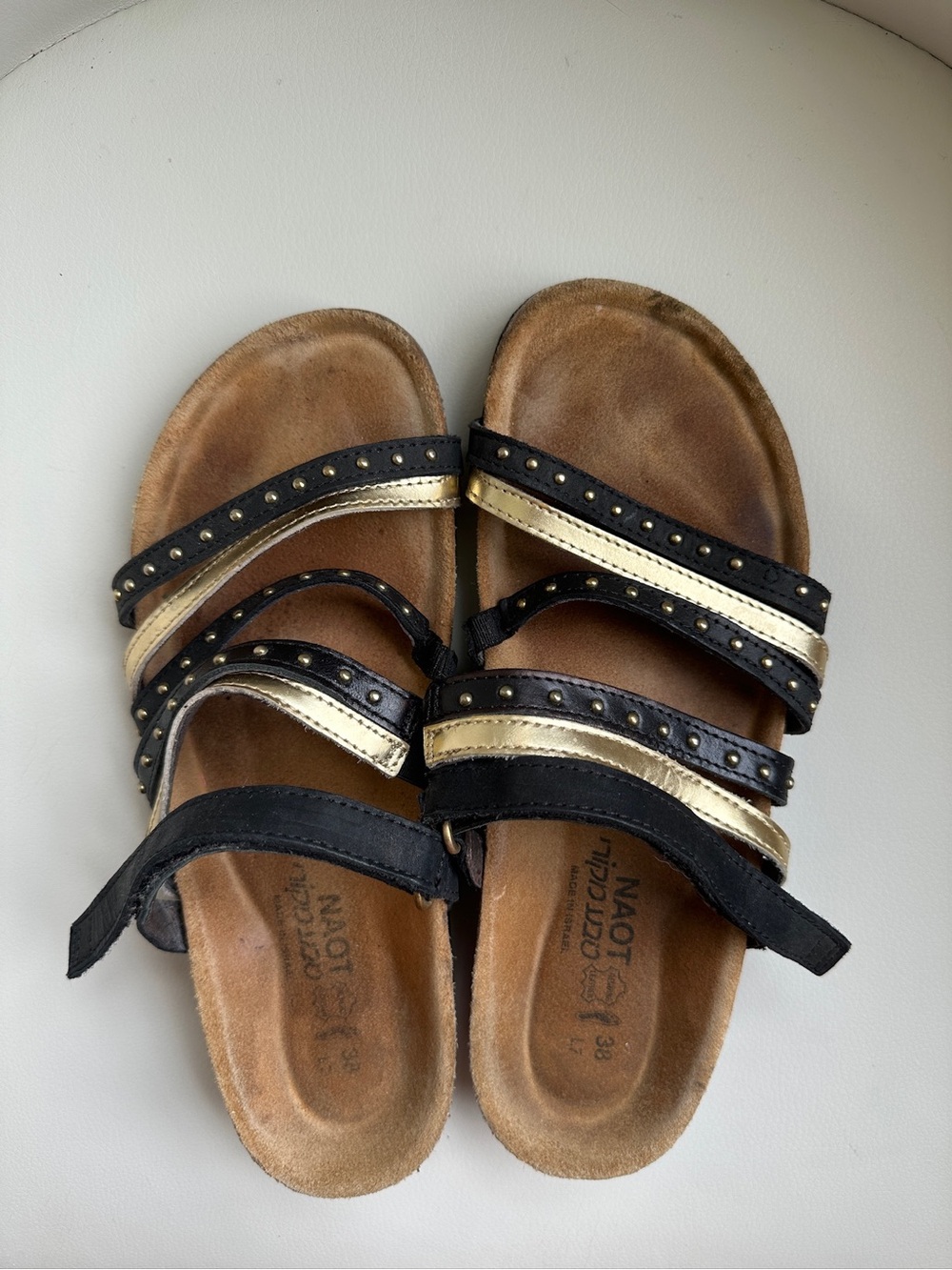 Naot Black and Gold Prescott Cork Strappy Sandals in Size 38